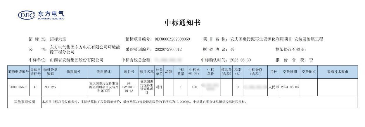 山西建投安装集团中标安徽省安庆国惠污泥再生资源化利用项目